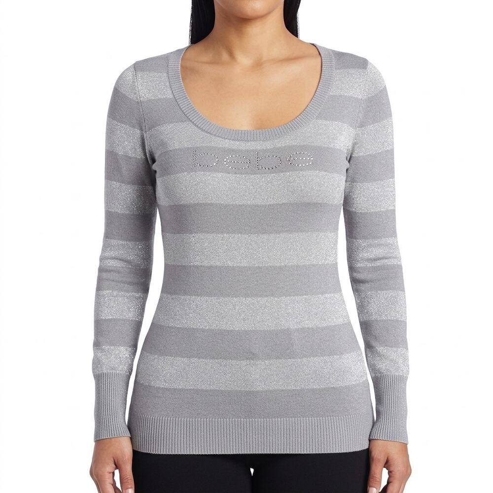 bebe Gray Striped Pullover Sweater Womens Knit Size XS